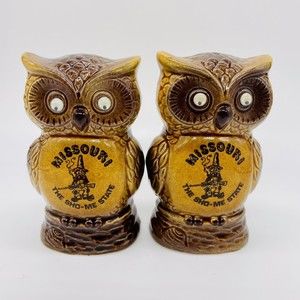 Vintage Owl Missouri Salt and Pepper Shakers Brown Ceramic The Sho-Me State